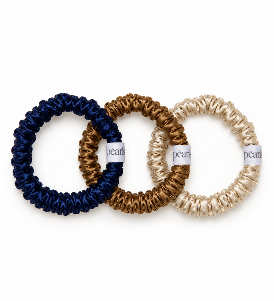 Canyon Scrunchies, navy, gold and champagne skinny scrunchies by Pearls Studios