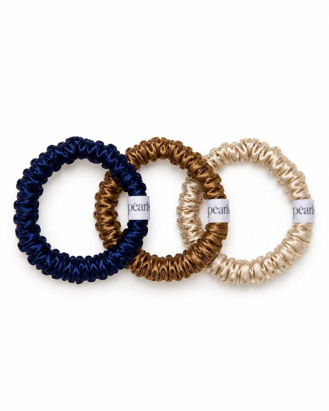 Canyon Scrunchies, navy, gold and champagne skinny scrunchies by Pearls Studios