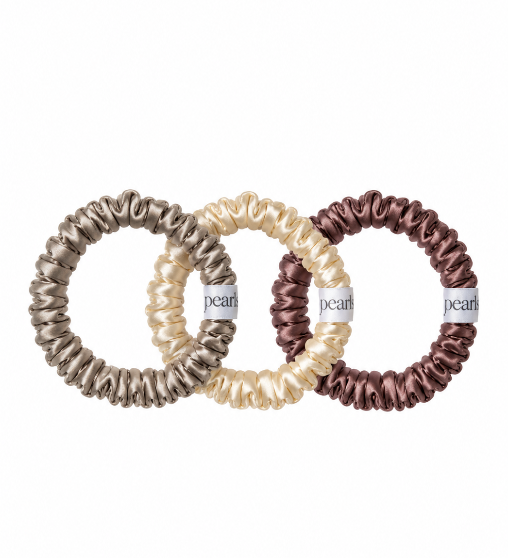 Lunara Scrunchies, Mist, Moonstone and Merlot satin skinny scrunchies by Pearls Studios