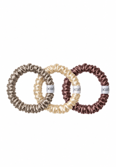 Lunara Scrunchies, Mist, Moonstone and Merlot satin skinny scrunchies by Pearls Studios