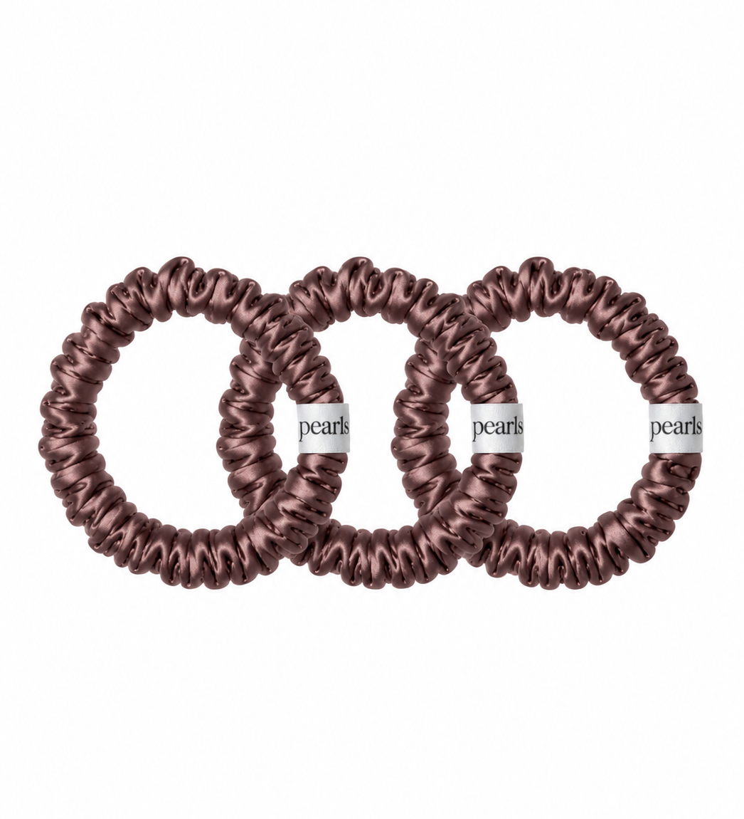 Merlot Scrunchies, three mauve satin skinny scrunchies by Pearls Studios