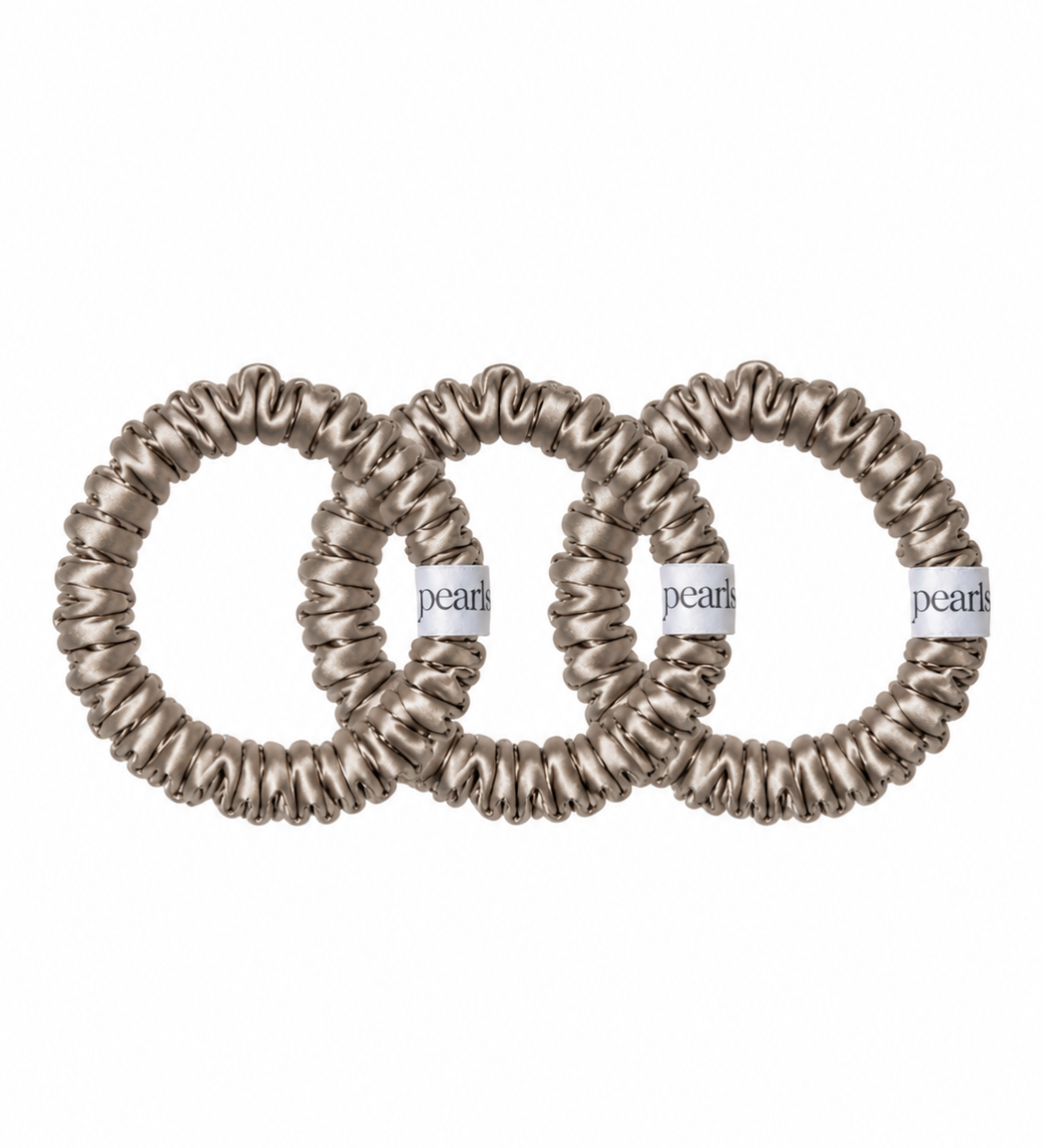 Mist Scrunchies, three taupe satin skinny scrunchies by Pearls Studios