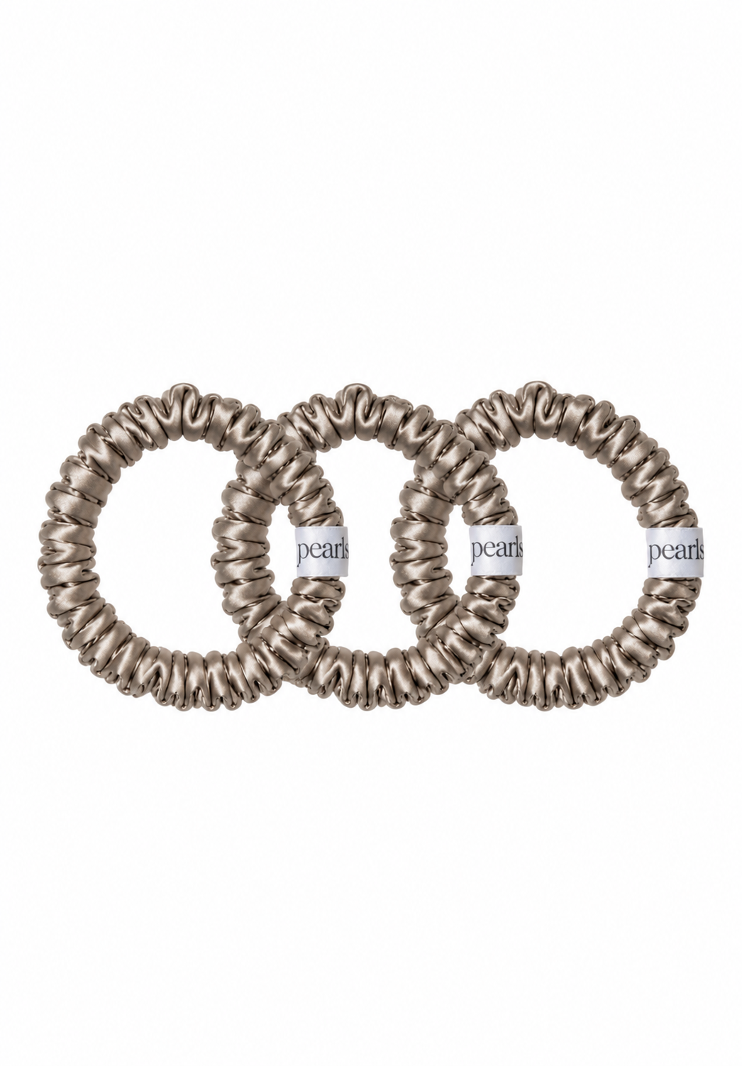 Mist Scrunchies, three taupe satin skinny scrunchies by Pearls Studios
