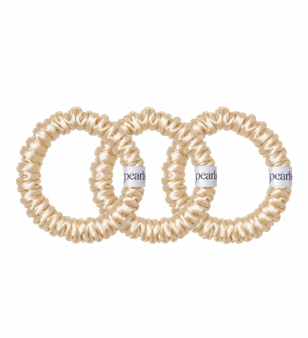 Moonstone Scrunchies, three champagne satin skinny scrunchies by Pearls Studios