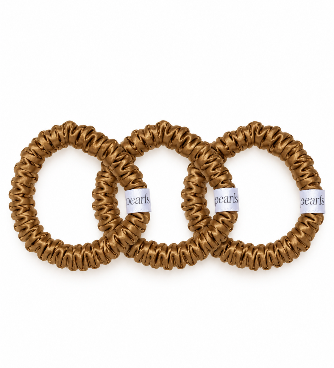 Ochre Scrunchies, three gold satin skinny scrunchies by Pearls Studios
