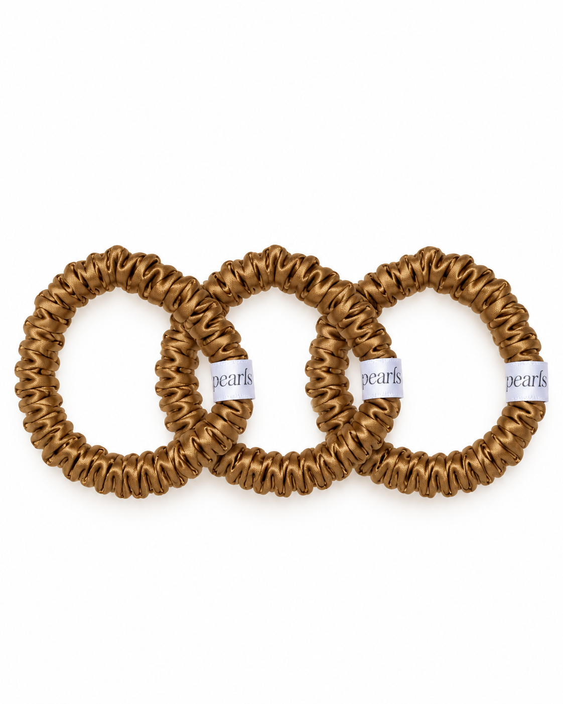 Ochre Scrunchies, three gold satin skinny scrunchies by Pearls Studios